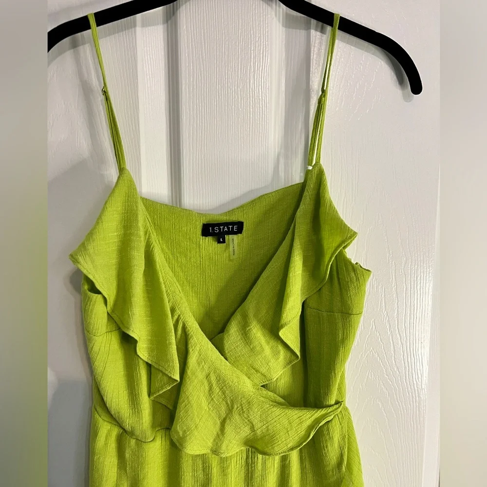 1. State Green Romper Adjustable Straps Ruffle Neckline Mini Length Large